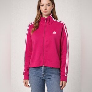 Pink Adidas zip long sleeve sweatshirt jacket- long in back- three stripes- M